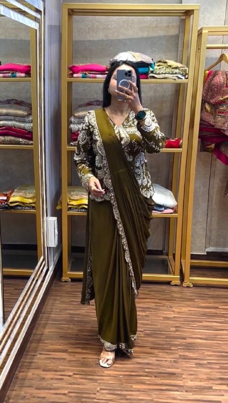Indo Western Olive Drape Satin Saree Kdvogue