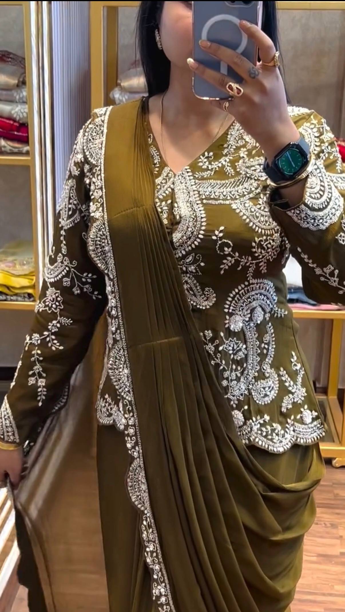 Indo Western Olive Drape Satin Saree Kdvogue