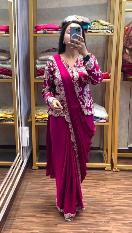 Indo Western Dark Pink Drape Satin Saree Kdvogue