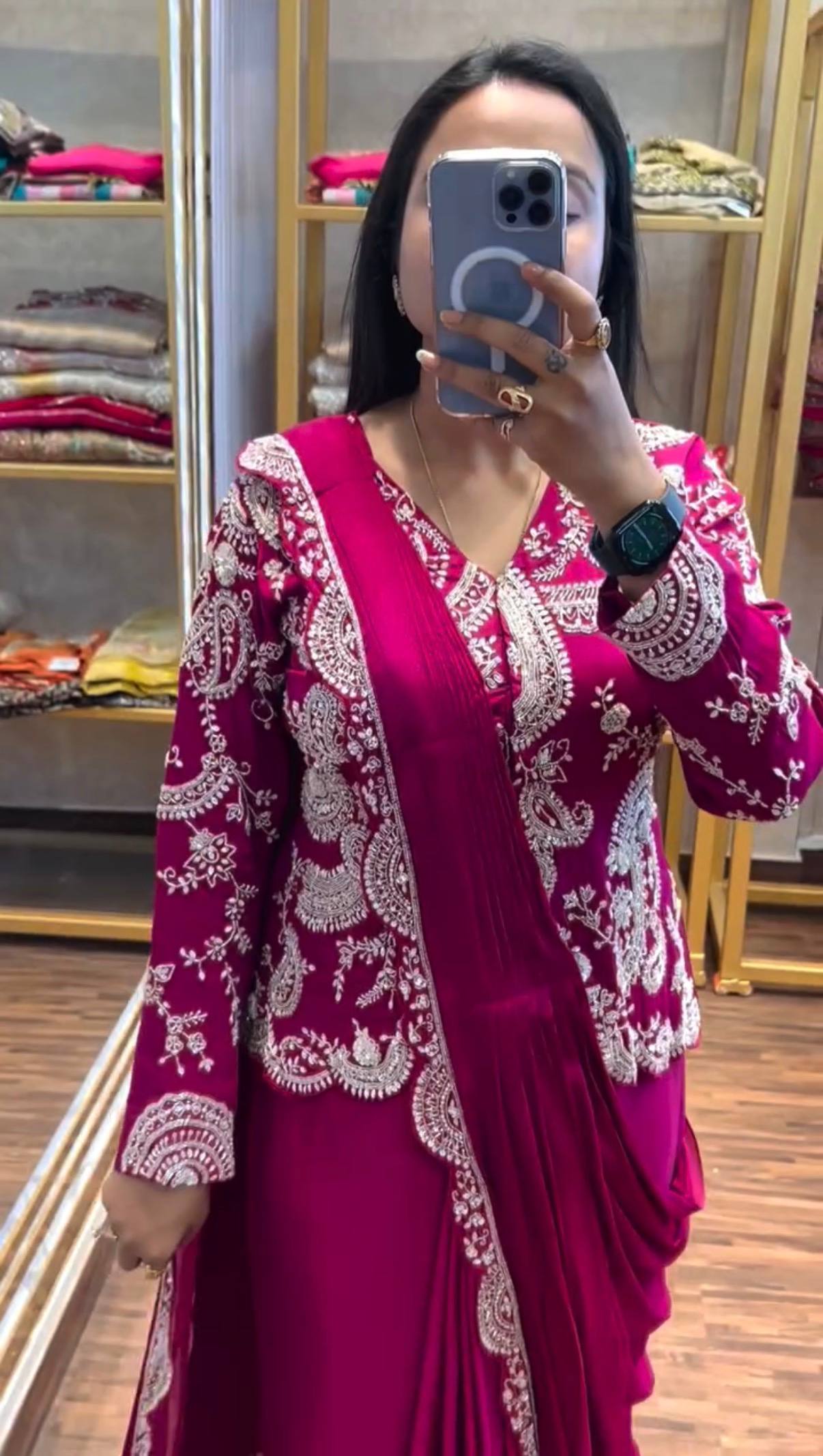 Indo Western Dark Pink Drape Satin Saree Kdvogue
