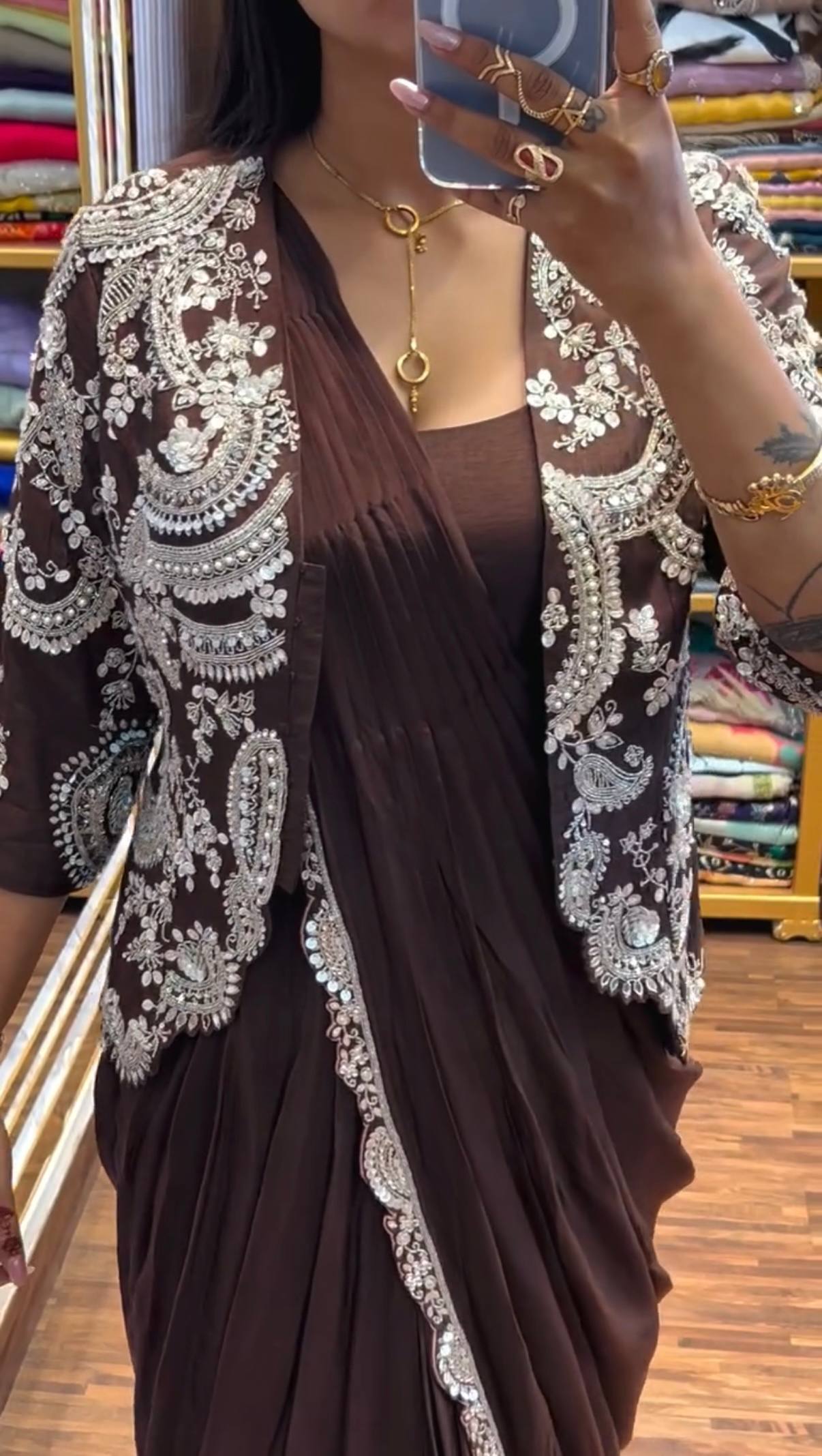Indo Western Rich Mocha Brown Drape Satin Saree Kdvogue