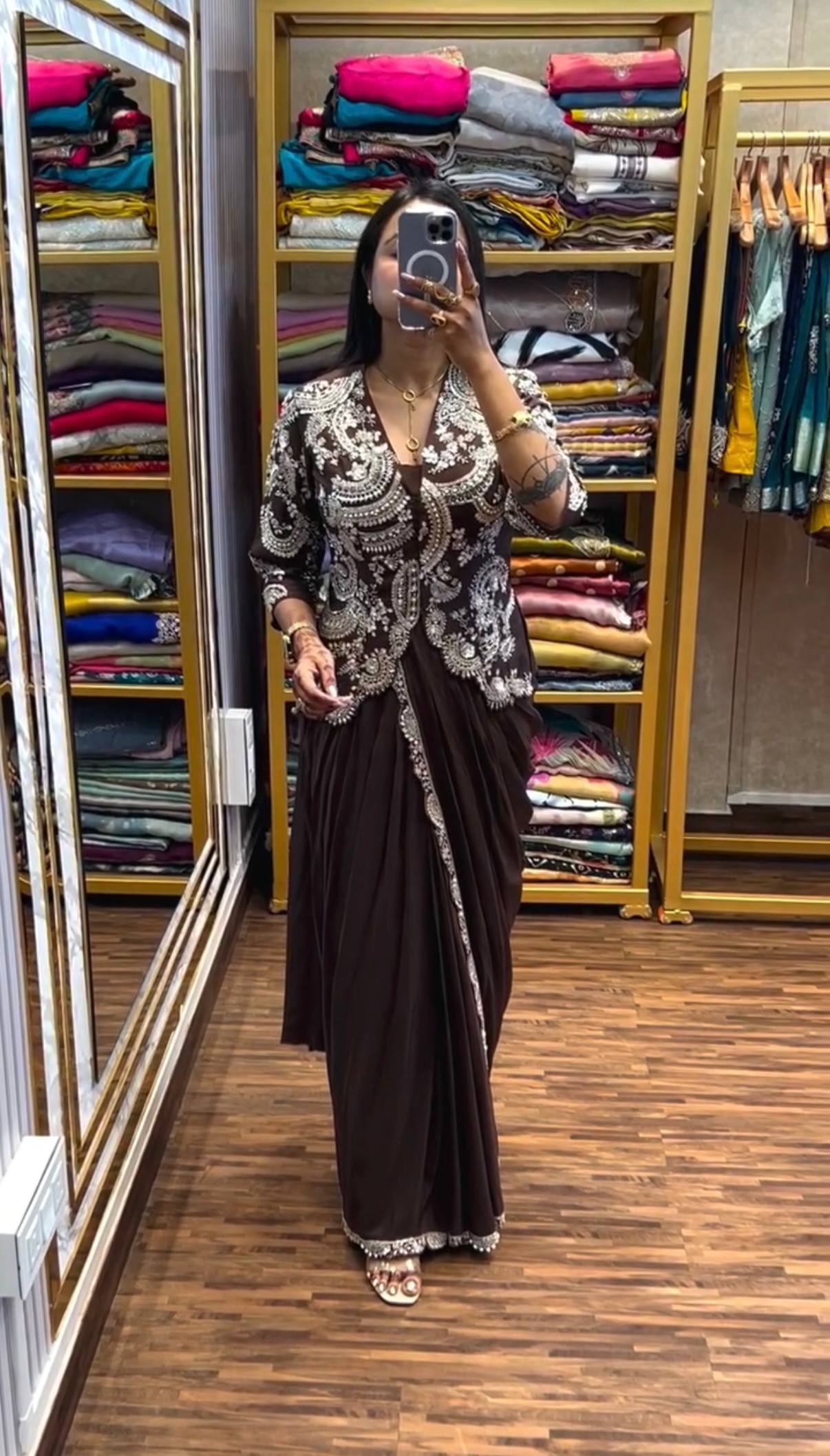 Indo Western Rich Mocha Brown Drape Satin Saree Kdvogue
