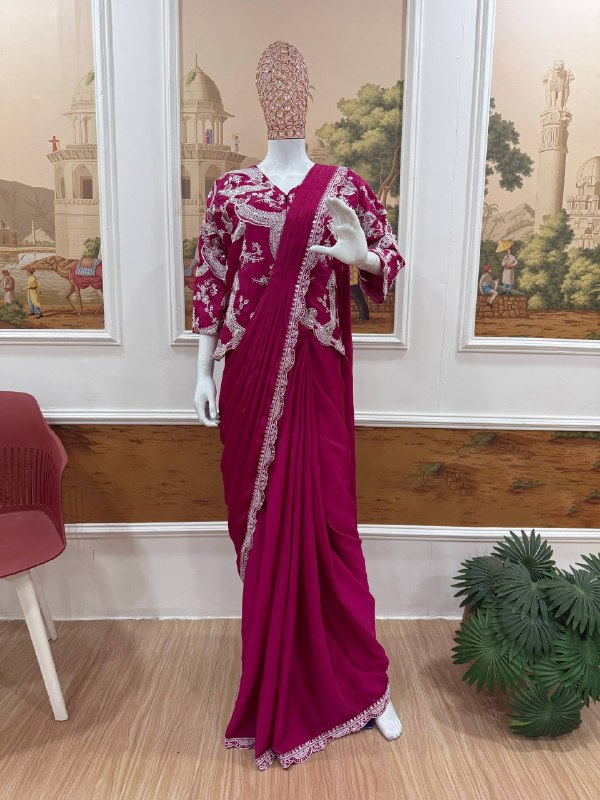 Indo Western Dark Pink Drape Satin Saree Kdvogue