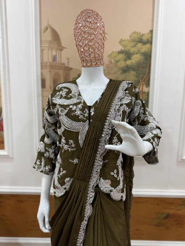 Indo Western Olive Drape Satin Saree Kdvogue