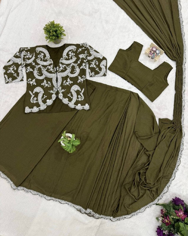 Indo Western Olive Drape Satin Saree Kdvogue