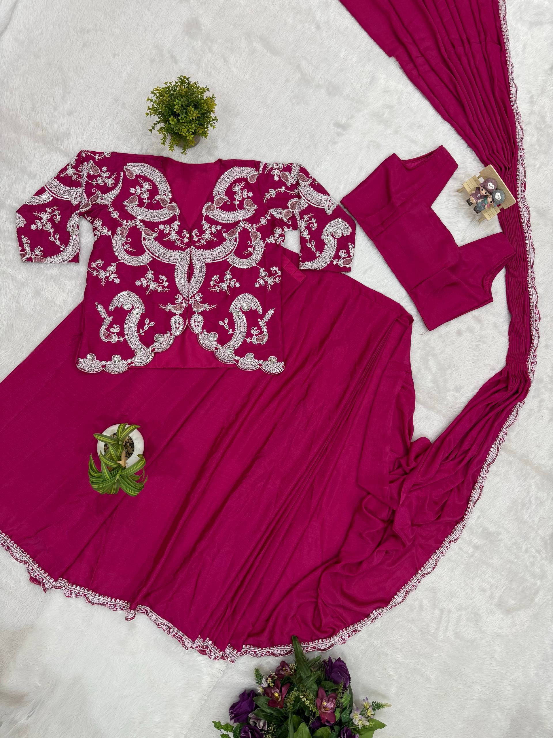 Indo Western Dark Pink Drape Satin Saree Kdvogue