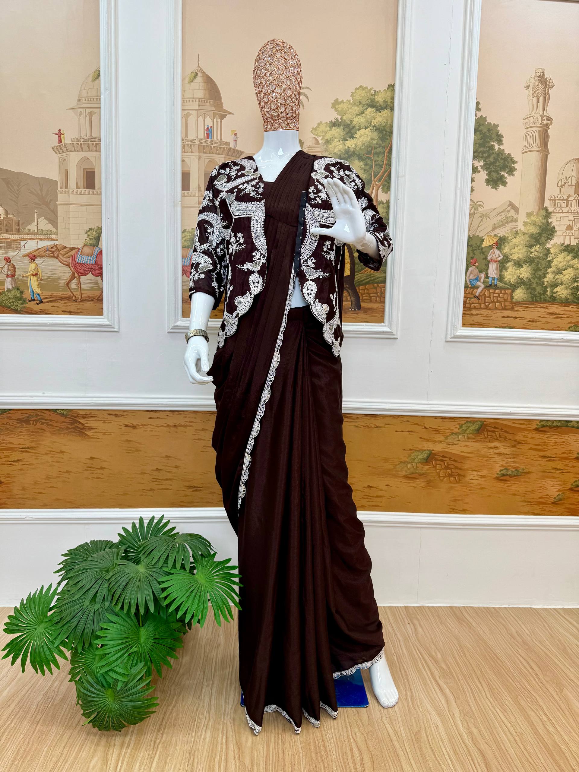 Indo Western Rich Mocha Brown Drape Satin Saree Kdvogue