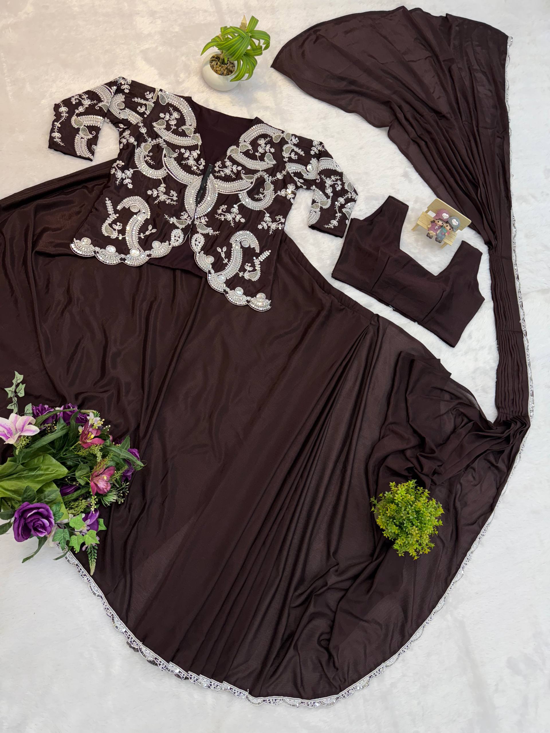 Indo Western Rich Mocha Brown Drape Satin Saree Kdvogue