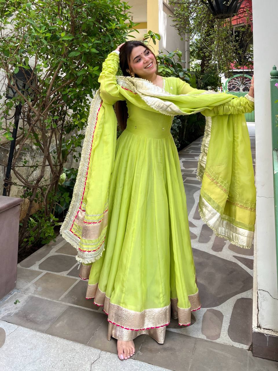 Lime Green Anarkali Suit Set with Dupatta