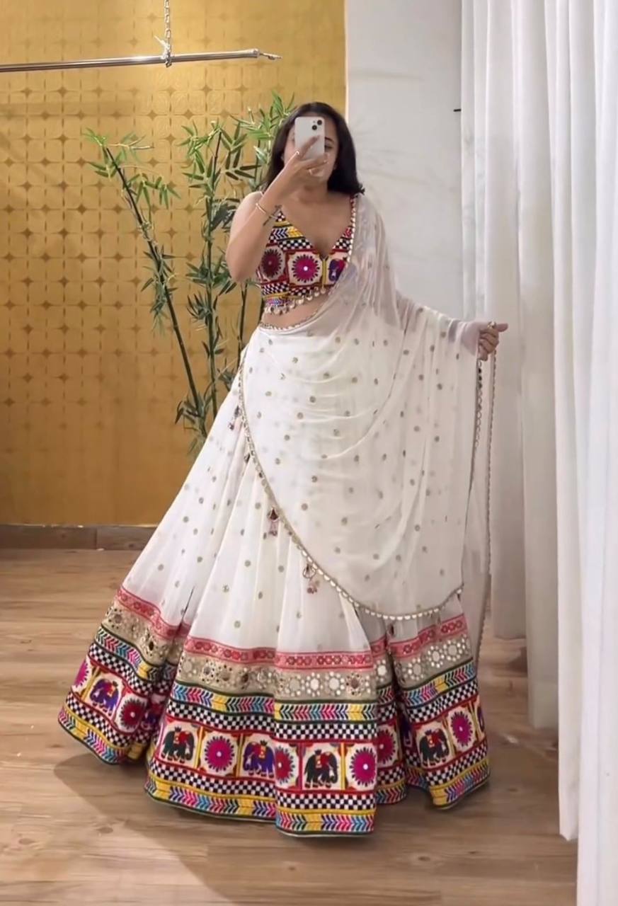 White Gujarati Patchwork Embroidered Lehenga Choli with Dupatta