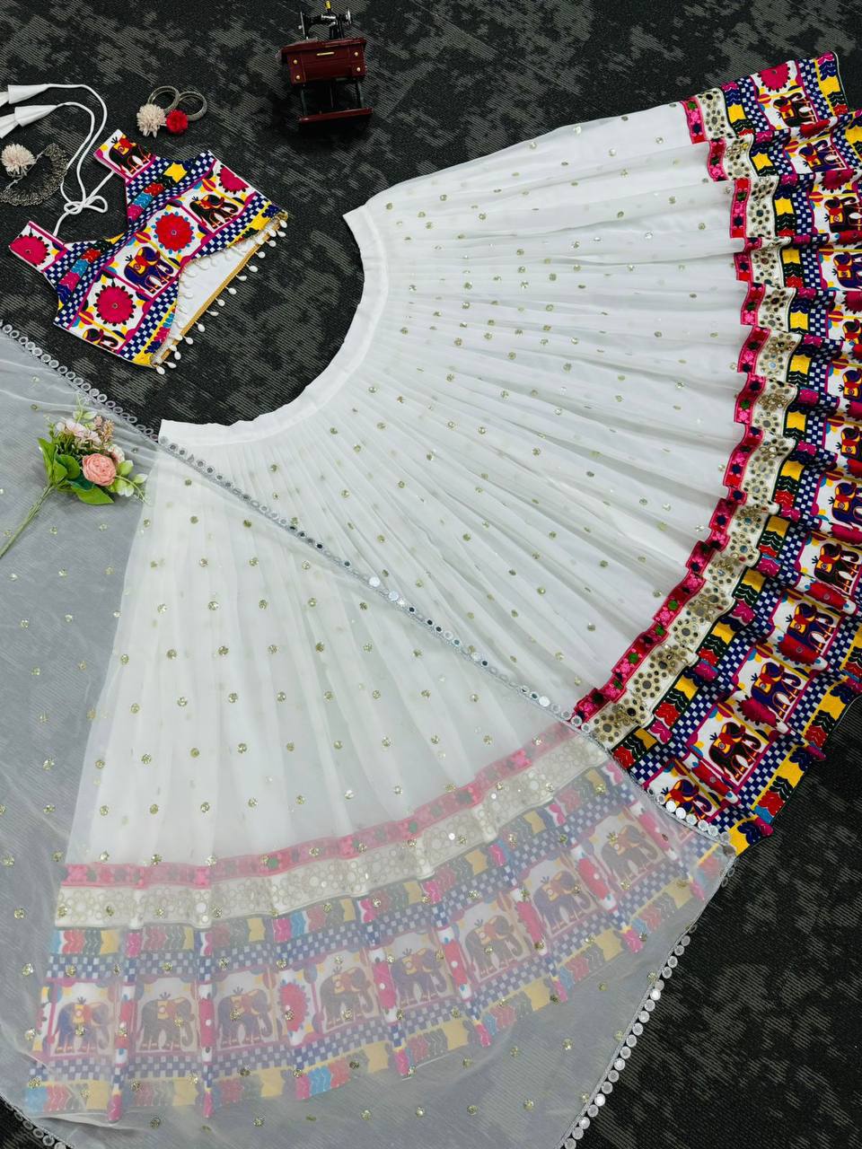 White Gujarati Patchwork Embroidered Lehenga Choli with Dupatta