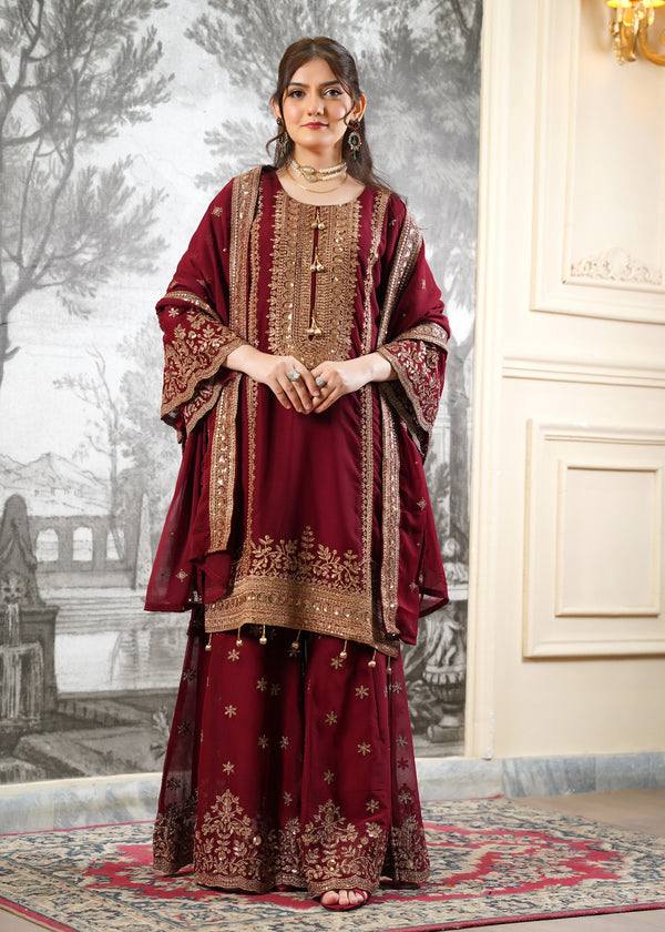 Jiya– KD001 Maroon Kurti With Flair Pant & Dupatta
