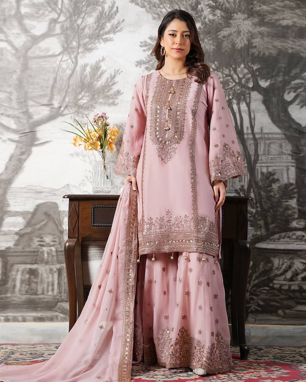 Jiya– KD003 Onion Pink Kurti With Flair Pant & Dupatta