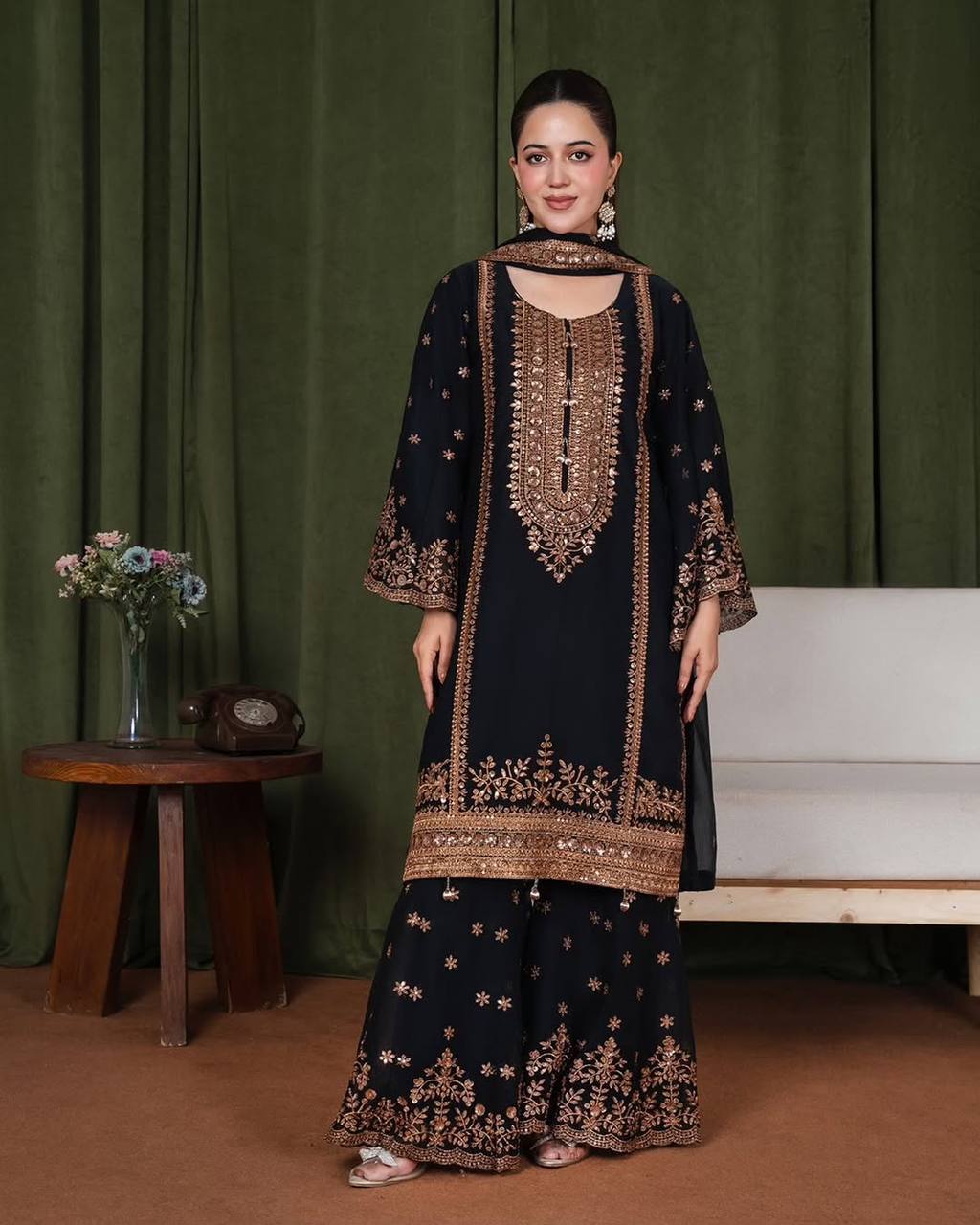 Jiya– KD002 Black Kurti With Flair Pant & Dupatta