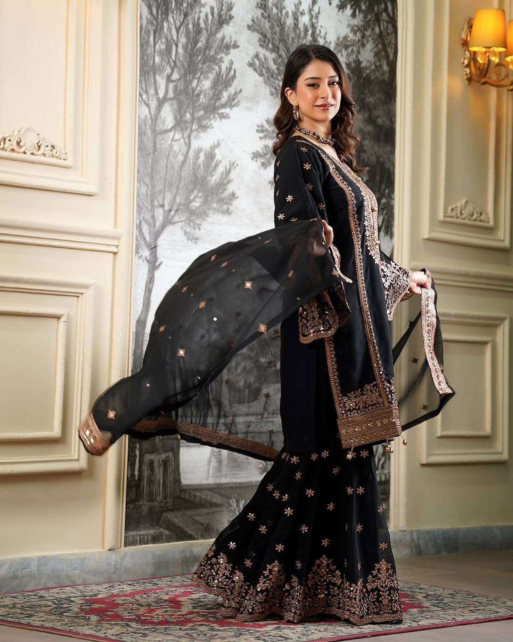 Jiya– KD002 Black Kurti With Flair Pant & Dupatta