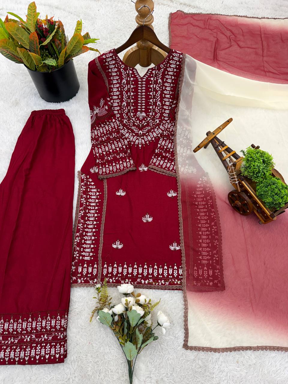Aarika – KD002 Rani Wine Kurti with Pant & Rust Dupatta