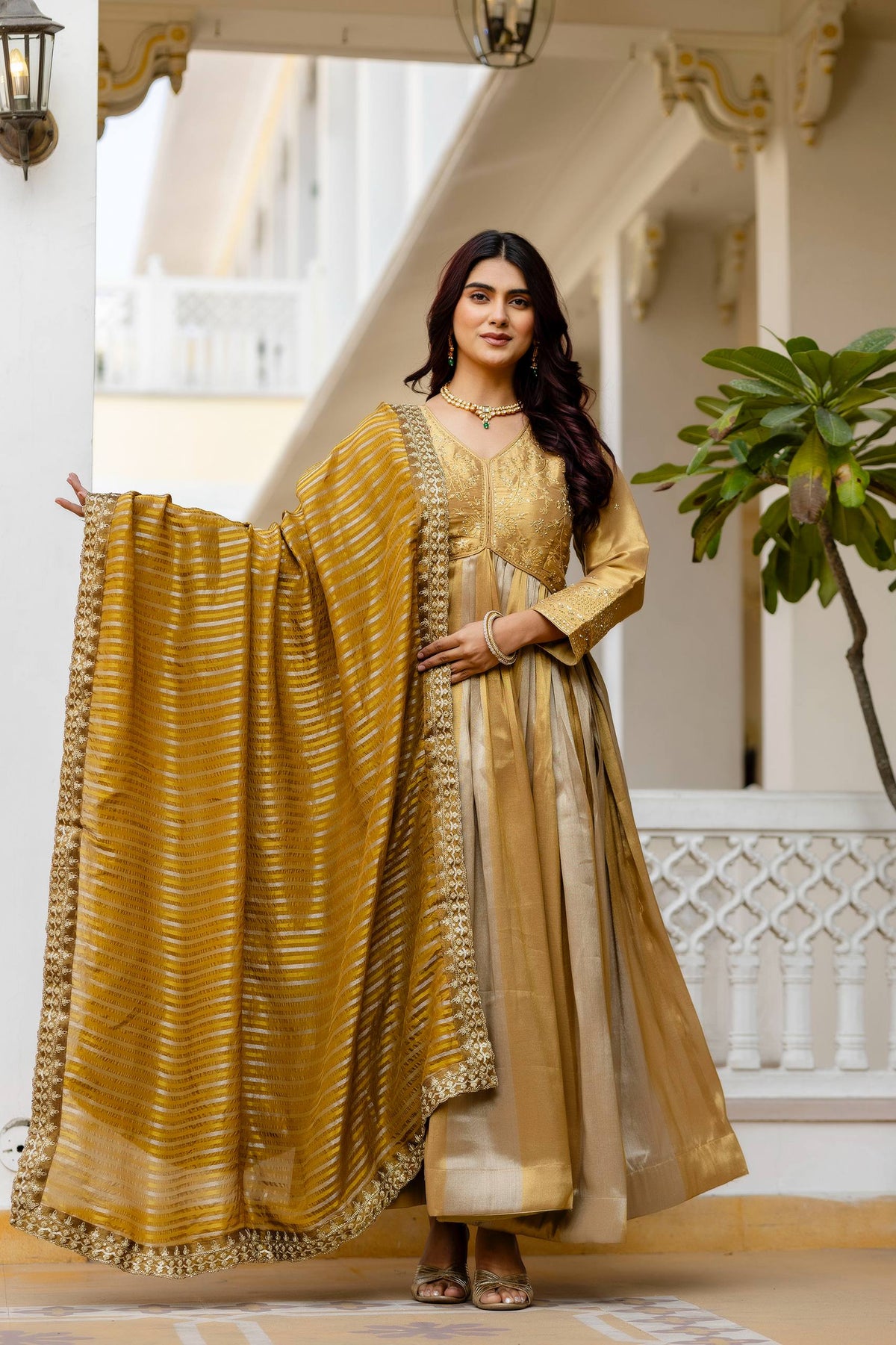 Golden Zari Embroidered Anarkali Gown With Dupatta