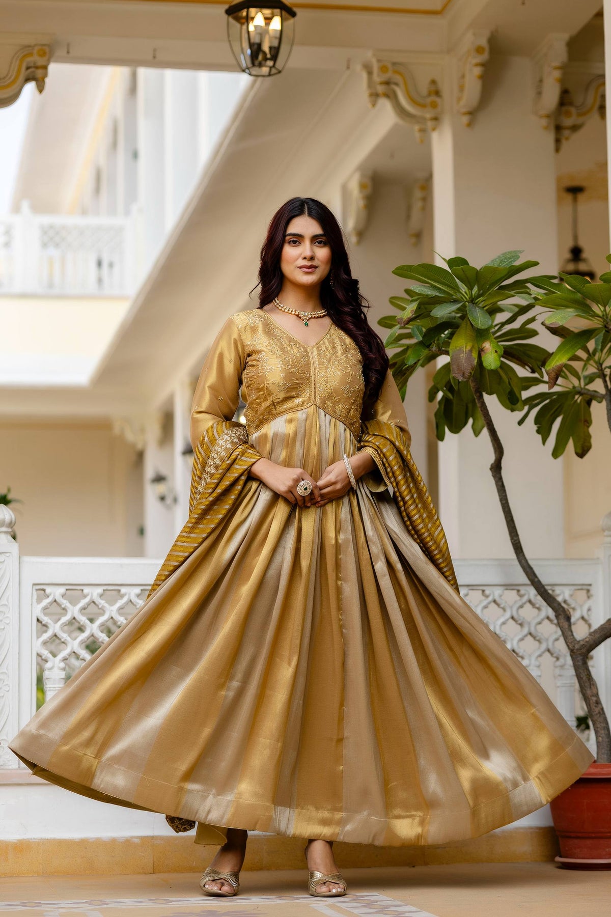 Golden Zari Embroidered Anarkali Gown With Dupatta