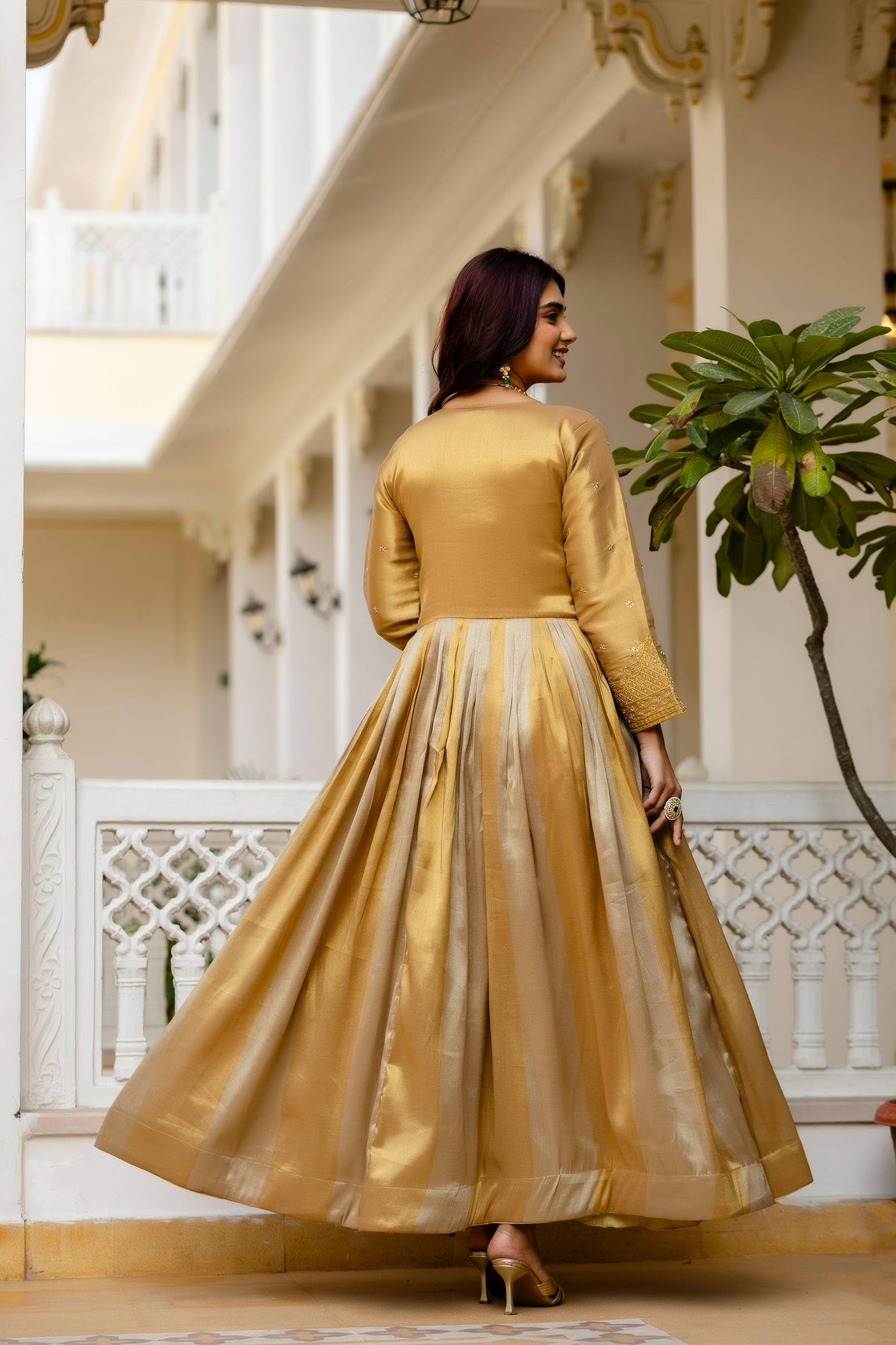 Golden Zari Embroidered Anarkali Gown With Dupatta