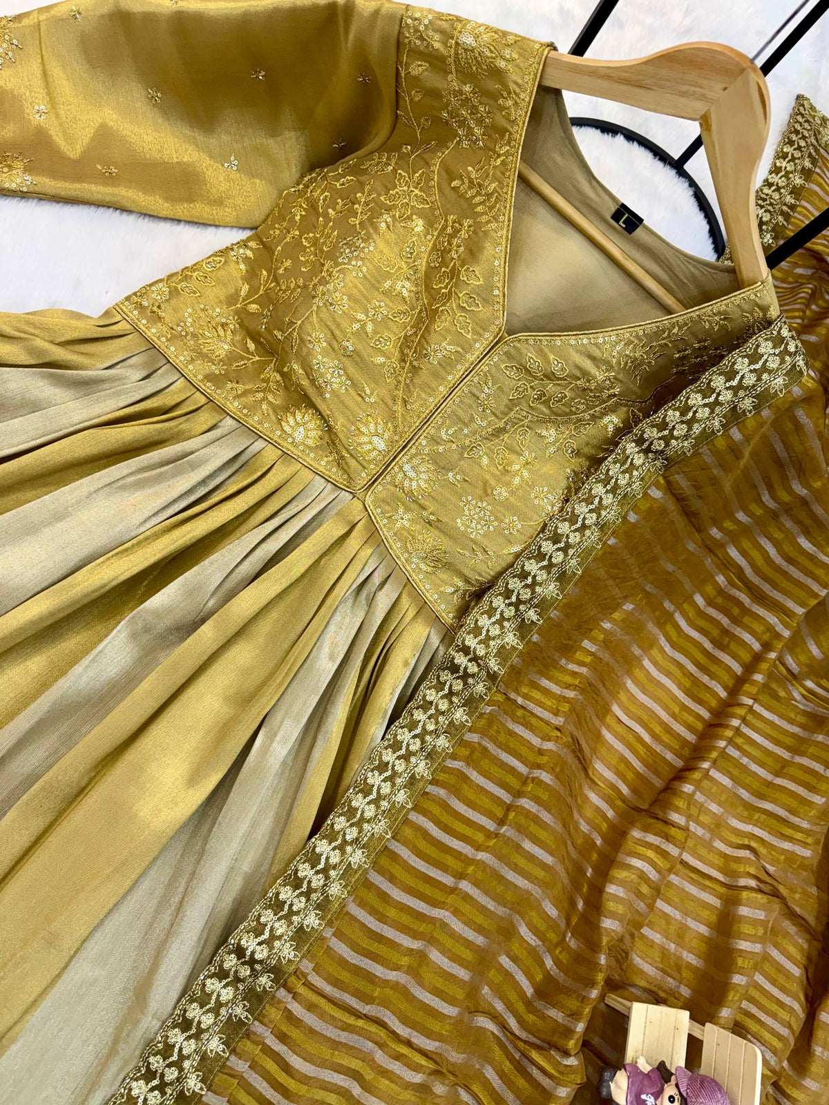 Golden Zari Embroidered Anarkali Gown With Dupatta