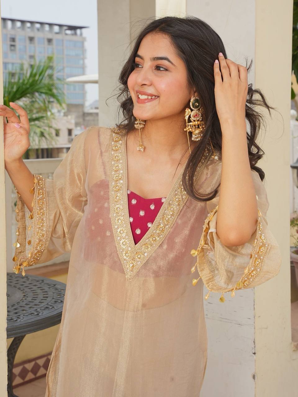 Women’s Beige Embellished Kurta with Blouse & Palazzo Set