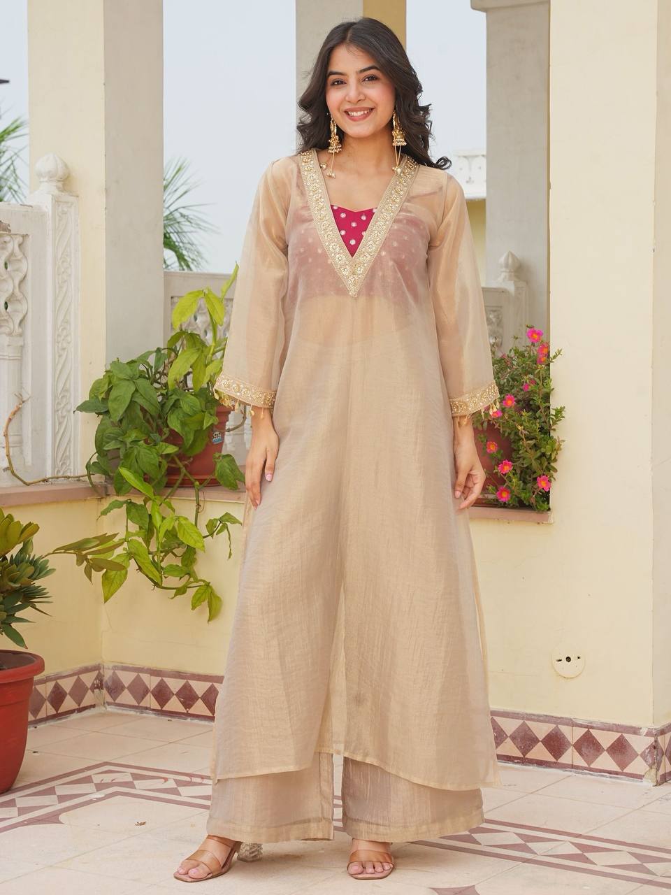 Women’s Beige Embellished Kurta with Blouse & Palazzo Set