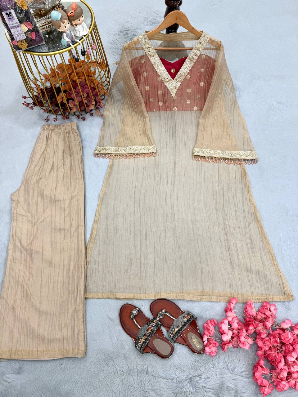 Women’s Beige Embellished Kurta with Blouse & Palazzo Set
