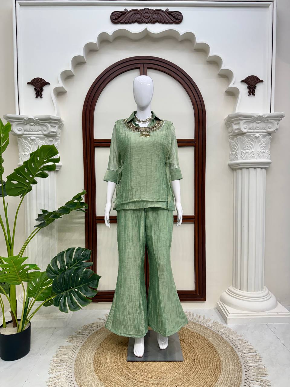 Women's Hand Work Crinkle Co-Ord Set with Palazzo