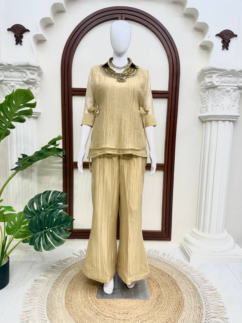 Women's Hand Work Crinkle Co-Ord Set with Palazzo