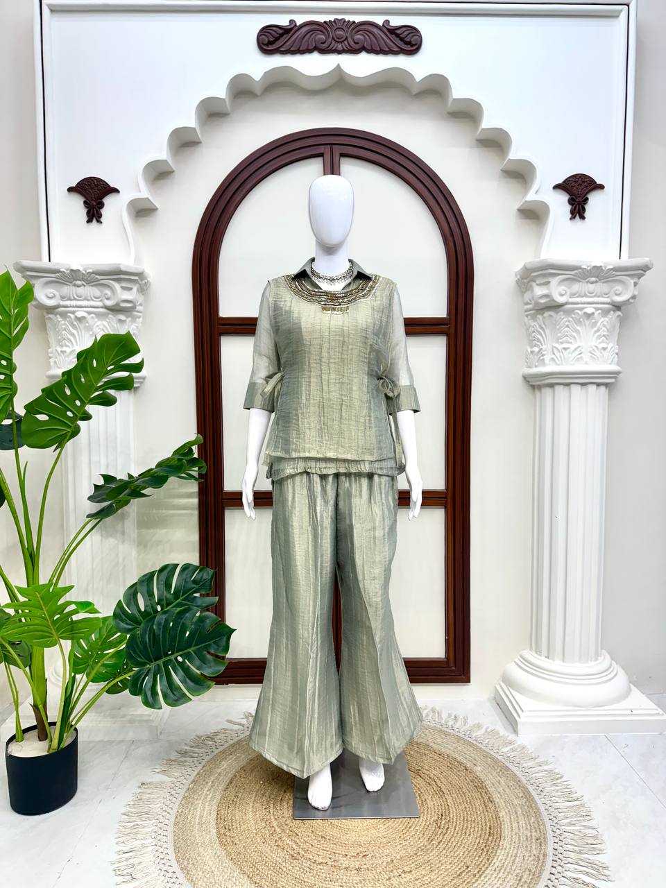 Women's Hand Work Crinkle Co-Ord Set with Palazzo