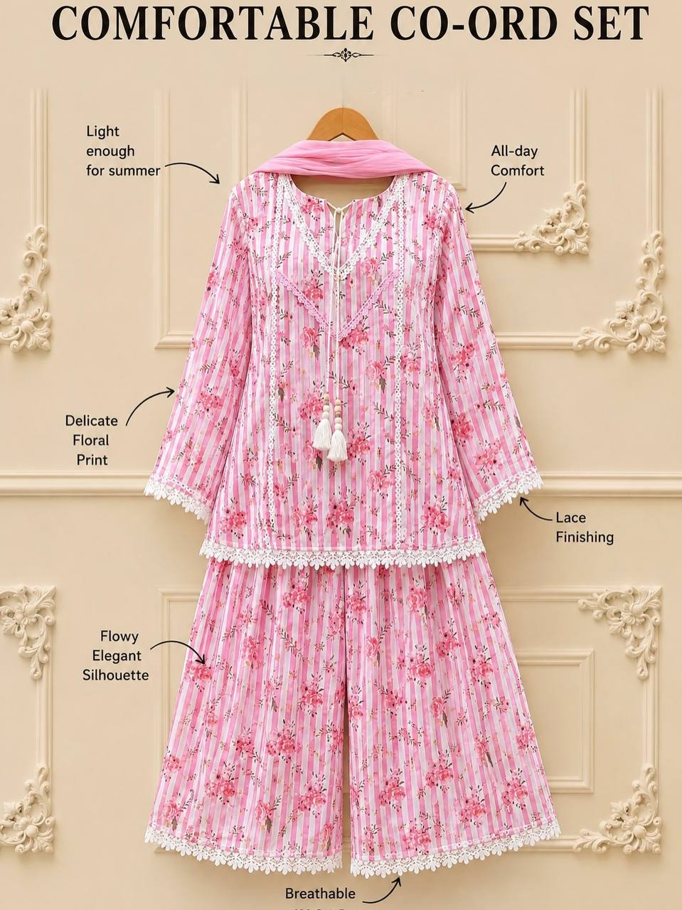Women’s Pink Floral Printed Corset Style Top with Palazzo & Dupatta Set