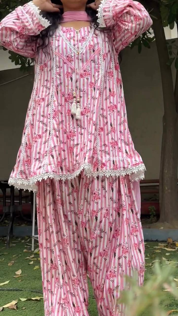 Women’s Pink Floral Printed Corset Style Top with Palazzo & Dupatta Set