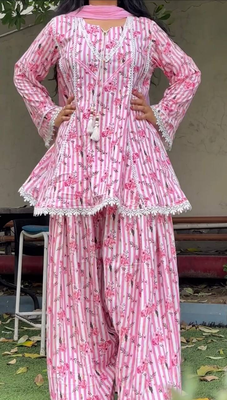 Women’s Pink Floral Printed Corset Style Top with Palazzo & Dupatta Set