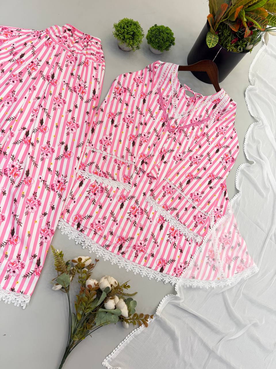 Women’s Pink Floral Printed Corset Style Top with Palazzo & Dupatta Set