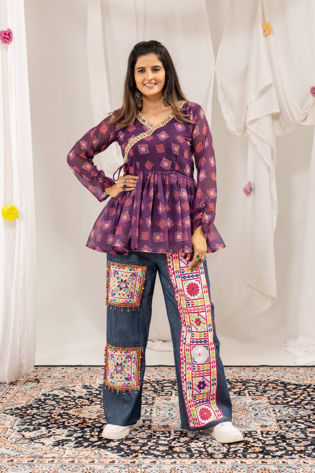 Royal Ethnic Printed Peplum Top & Embroidered Wide Leg Pants Set