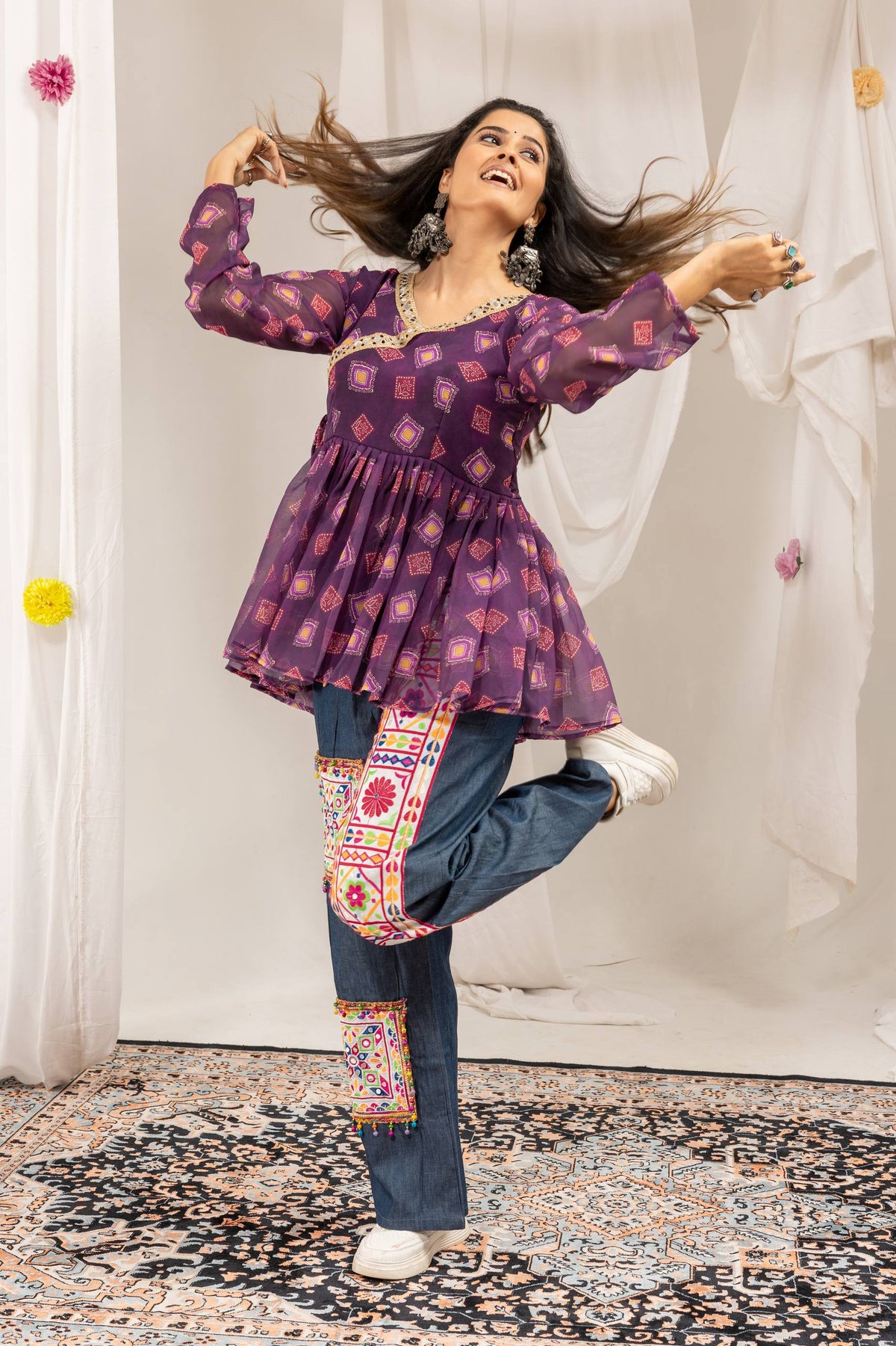 Royal Ethnic Printed Peplum Top & Embroidered Wide Leg Pants Set