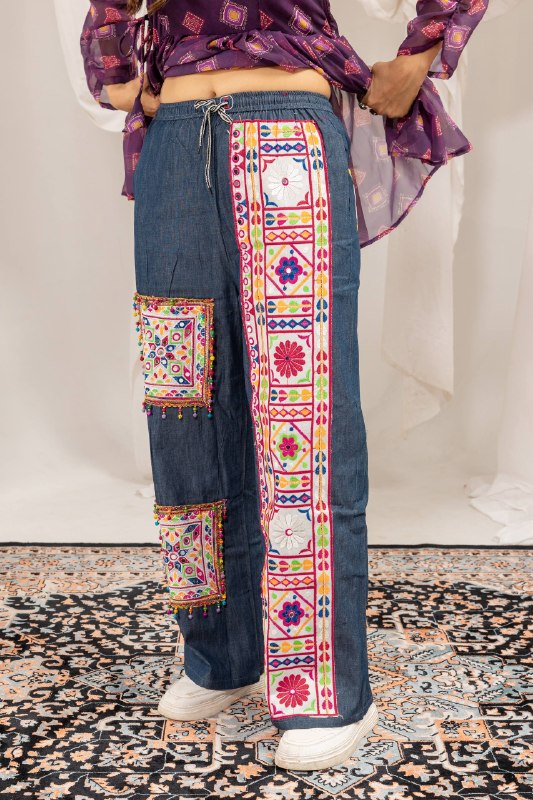 Royal Ethnic Printed Peplum Top & Embroidered Wide Leg Pants Set