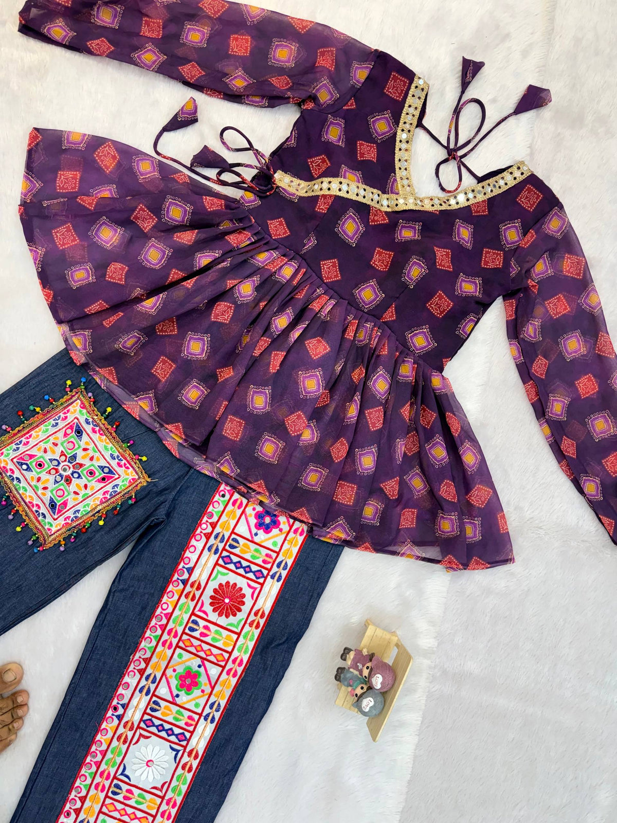 Royal Ethnic Printed Peplum Top & Embroidered Wide Leg Pants Set