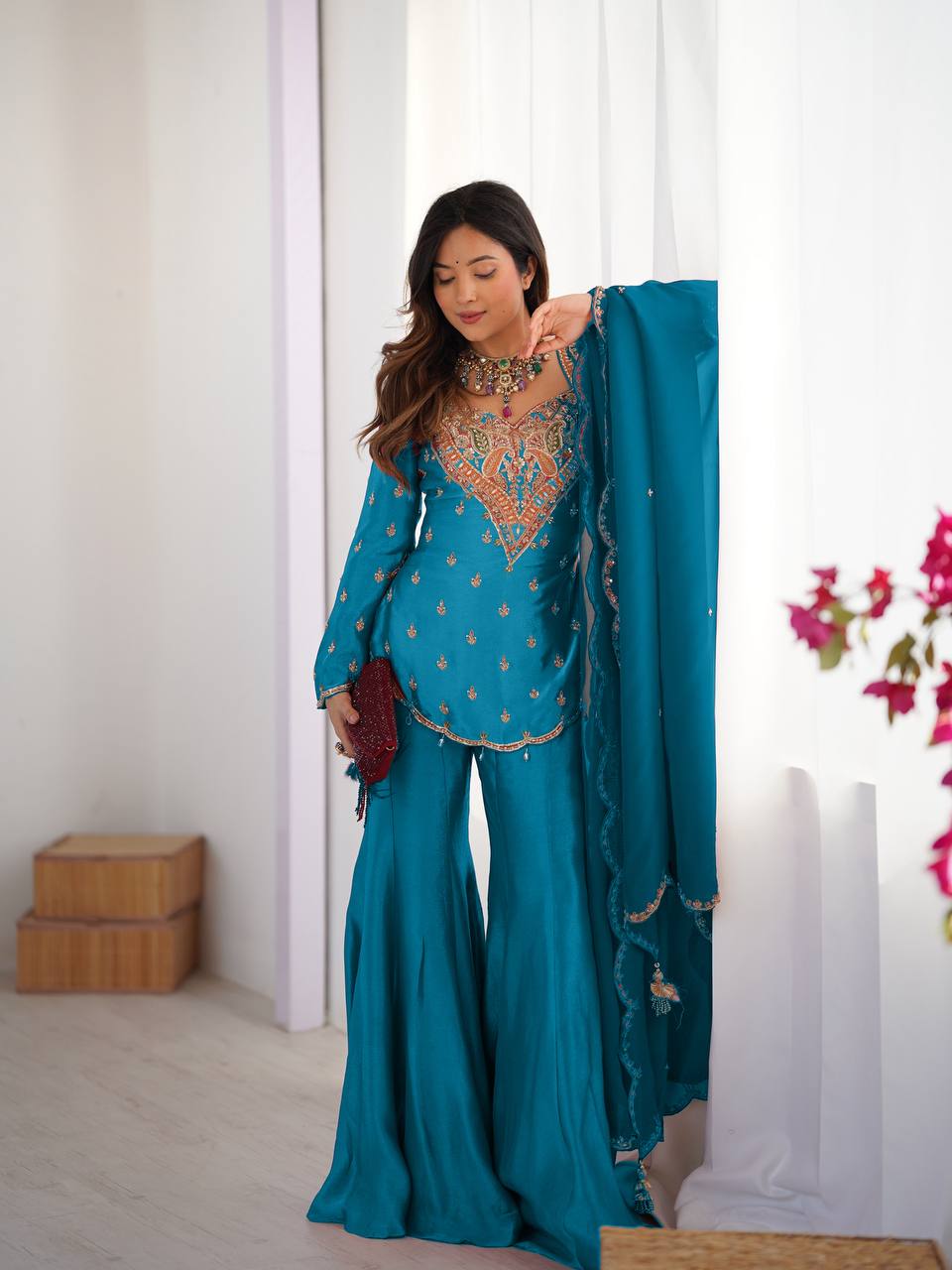 Janki – KD002 Peacock Blue  Kurti With Flair Pant & Dupatta