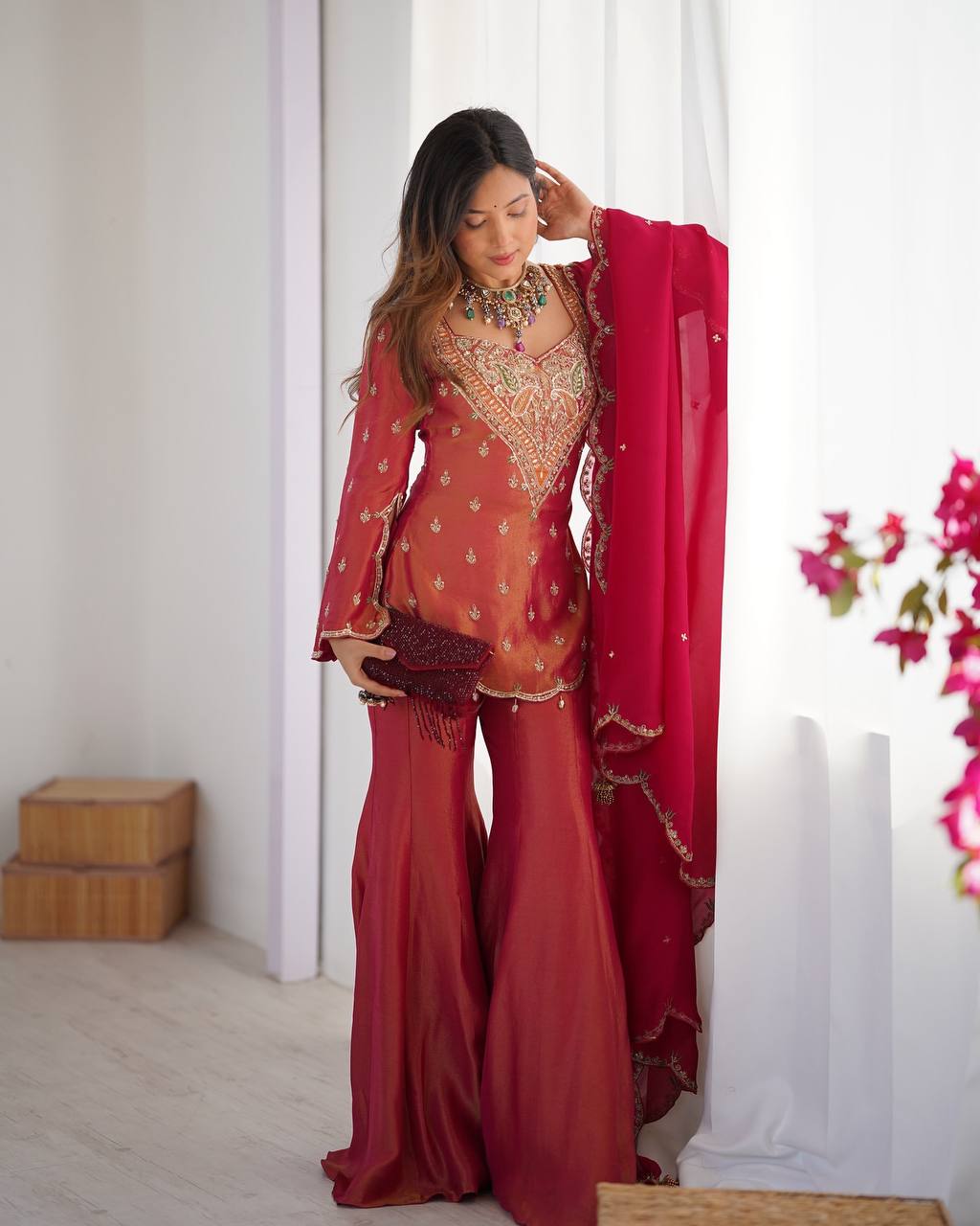 Janki – KD001 Berry Red  Kurti With Flair Pant & Dupatta