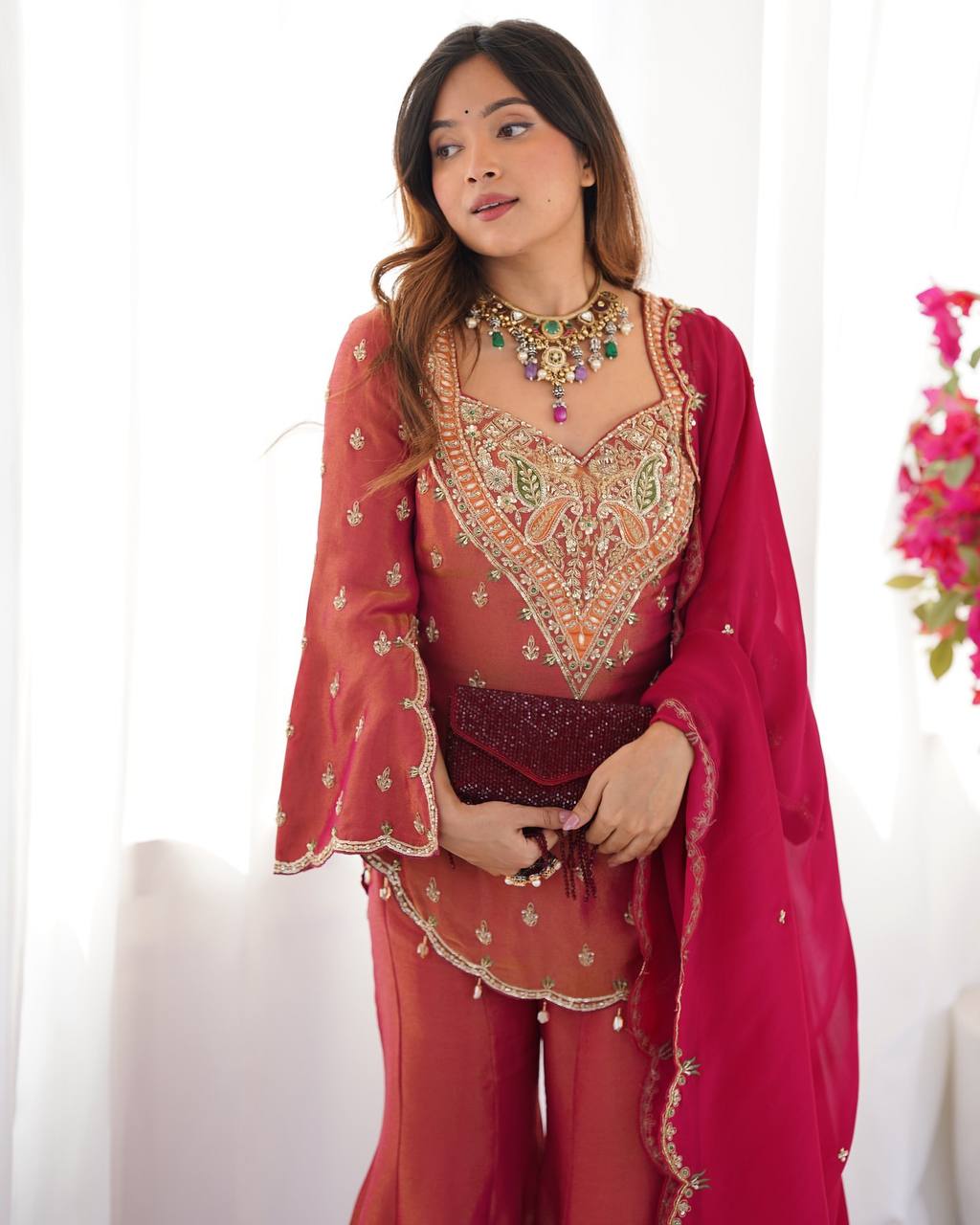 Janki – KD001 Berry Red  Kurti With Flair Pant & Dupatta