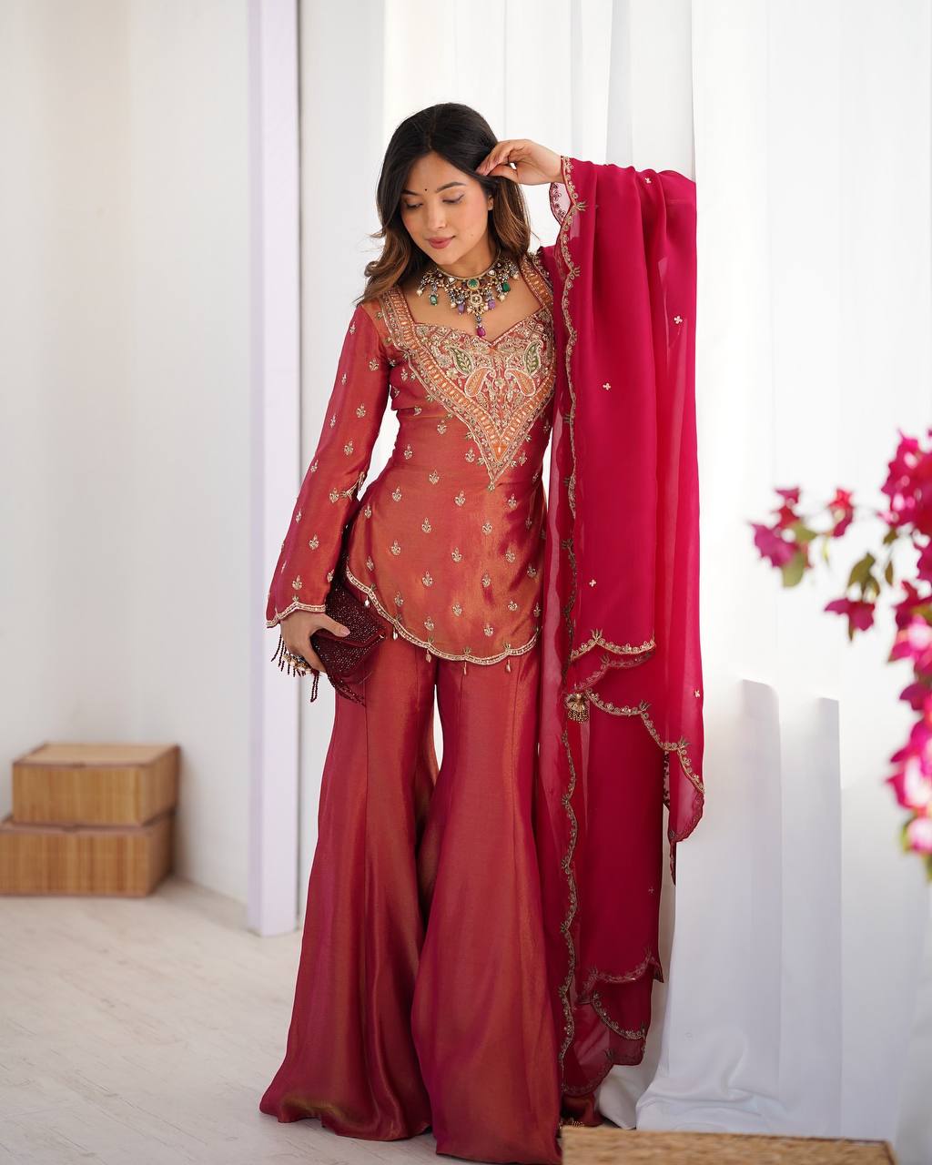 Janki – KD001 Berry Red  Kurti With Flair Pant & Dupatta