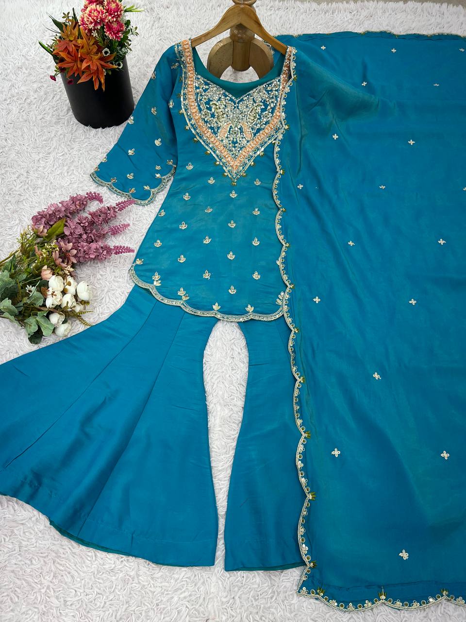 Janki – KD002 Peacock Blue  Kurti With Flair Pant & Dupatta