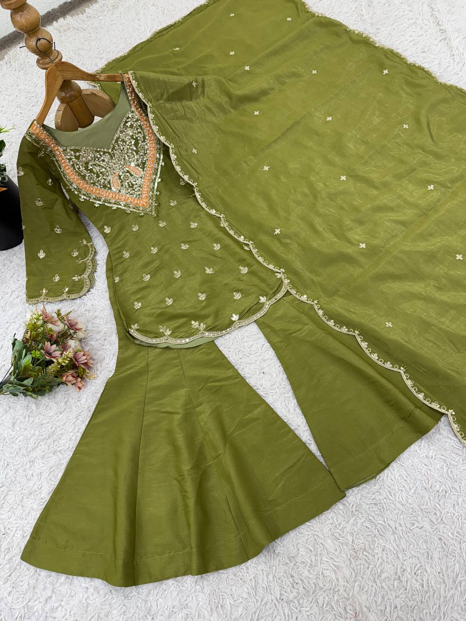 Janki – KD003 Olive Green  Kurti With Flair Pant & Dupatta