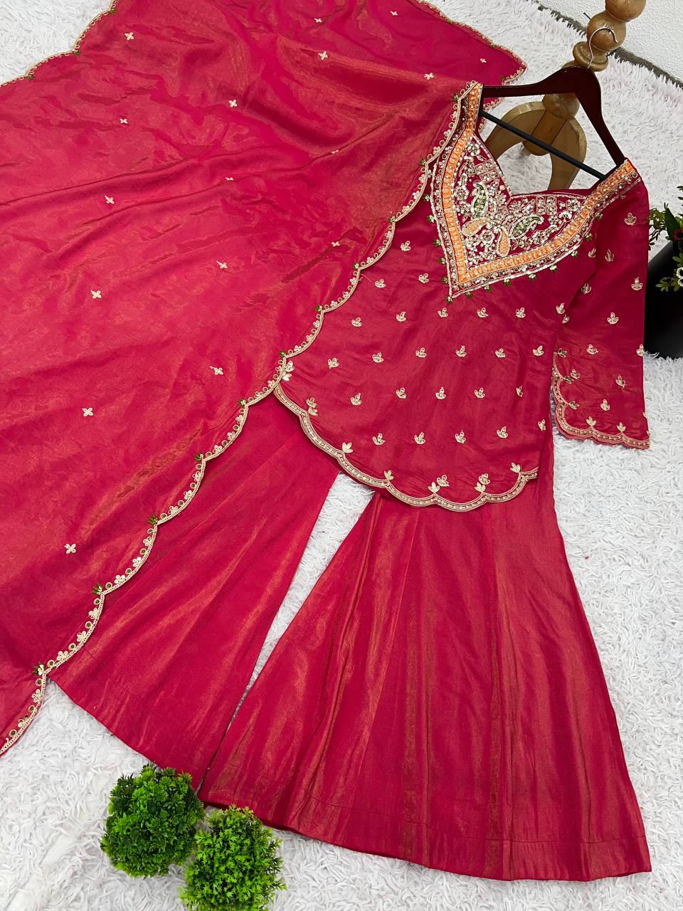 Janki – KD001 Berry Red  Kurti With Flair Pant & Dupatta