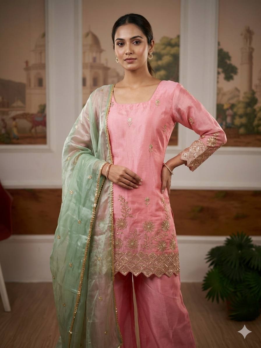 Vani - KD003 Pink Luxe Kurti With Pant & Dupatta