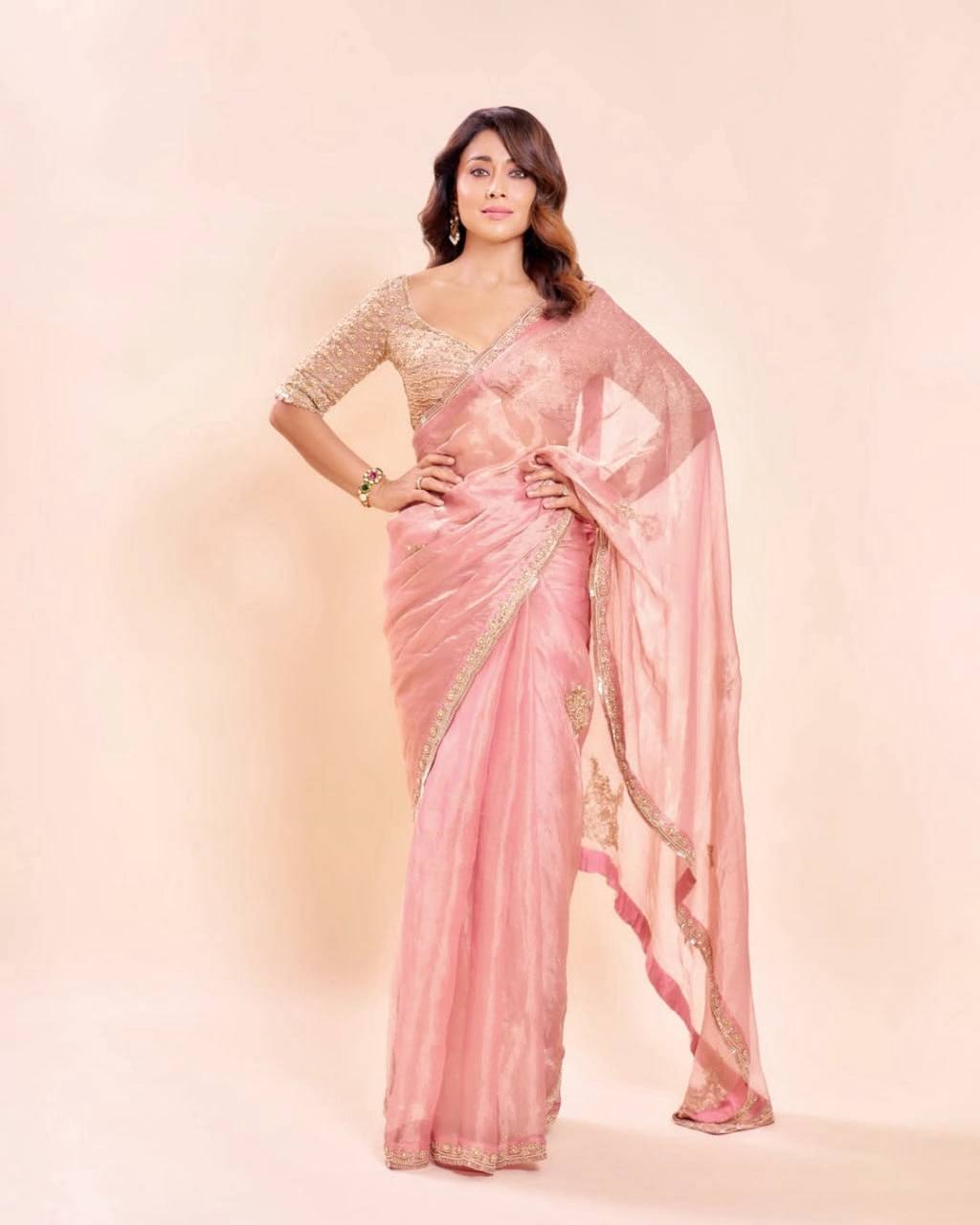 Rose Blush Zari Elegance Saree With Embroidered Blouse