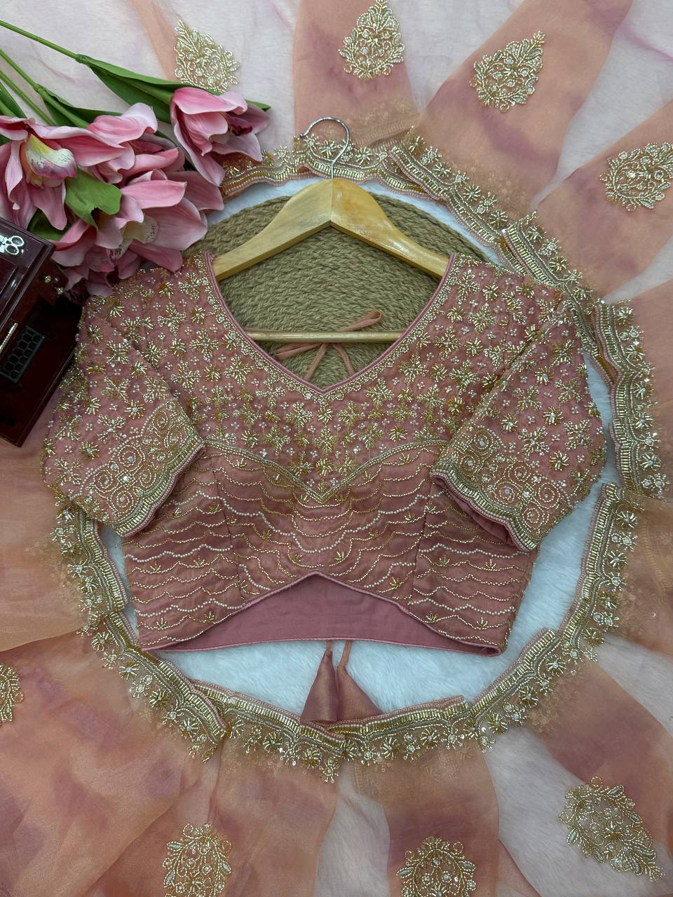 Rose Blush Zari Elegance Saree With Embroidered Blouse