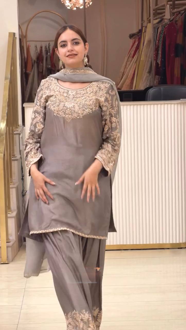 Women’s Grey Embroidered Kurta with Palazzo & Dupatta Set