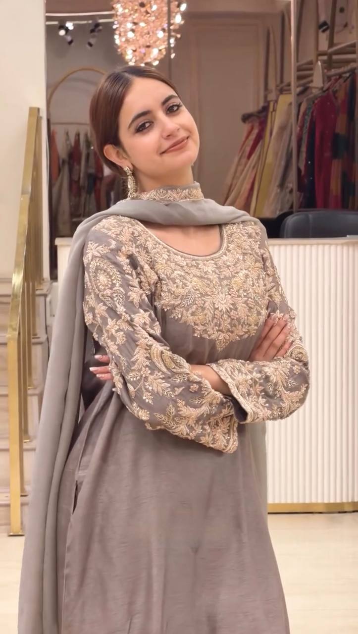 Women’s Grey Embroidered Kurta with Palazzo & Dupatta Set